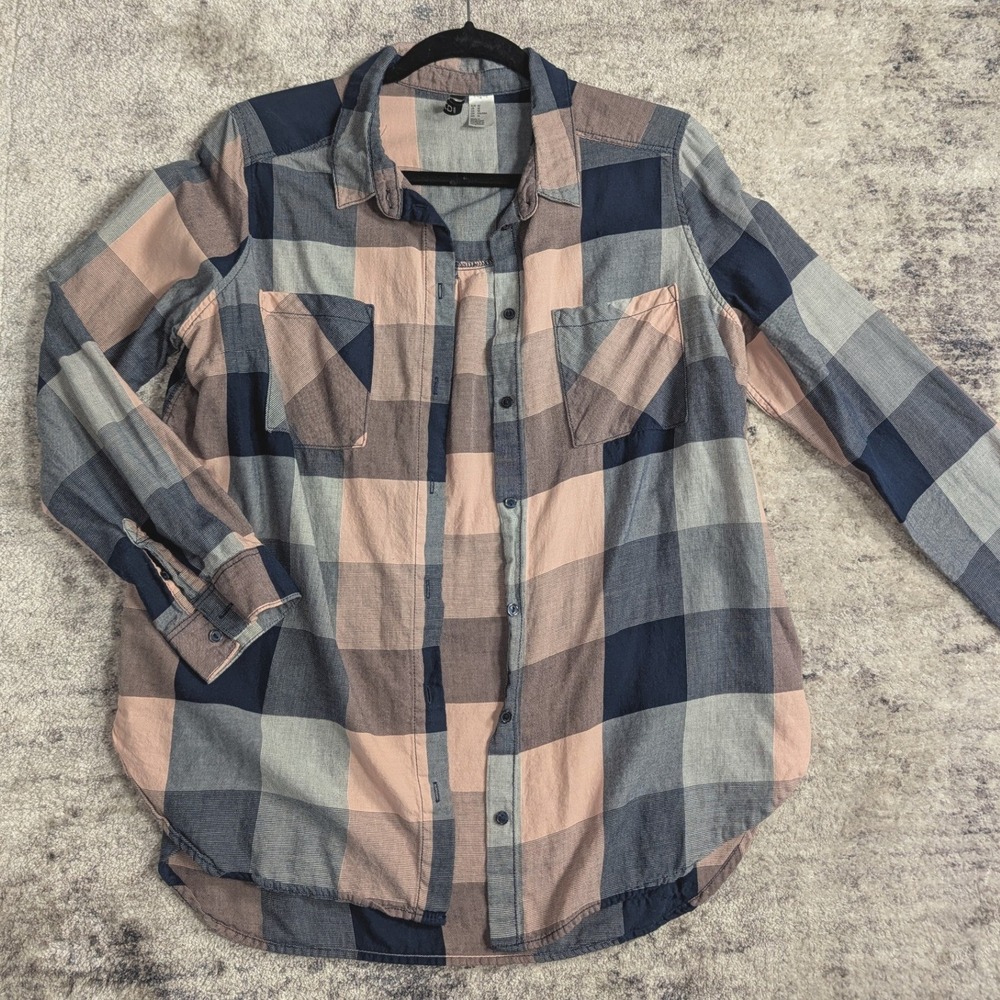 H&M Divided Pink Navy Plaid Button Down Shirt 10 Cotton Oversized Grunge Tunic - Picture 2 of 11